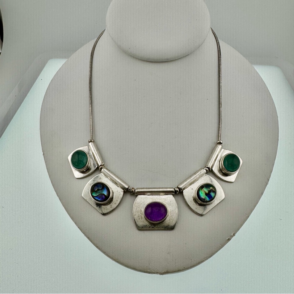 Kenneth Cole Silver Necklace With Purple And Green Accents Glass Pendants